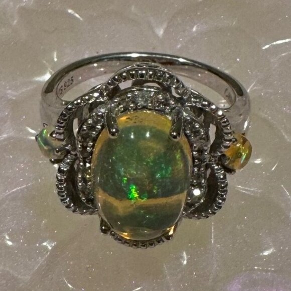 Jewelry - NWOB 925 Sterling Silver Opal and Diamond Ring Size 7 1/4 Signed JS